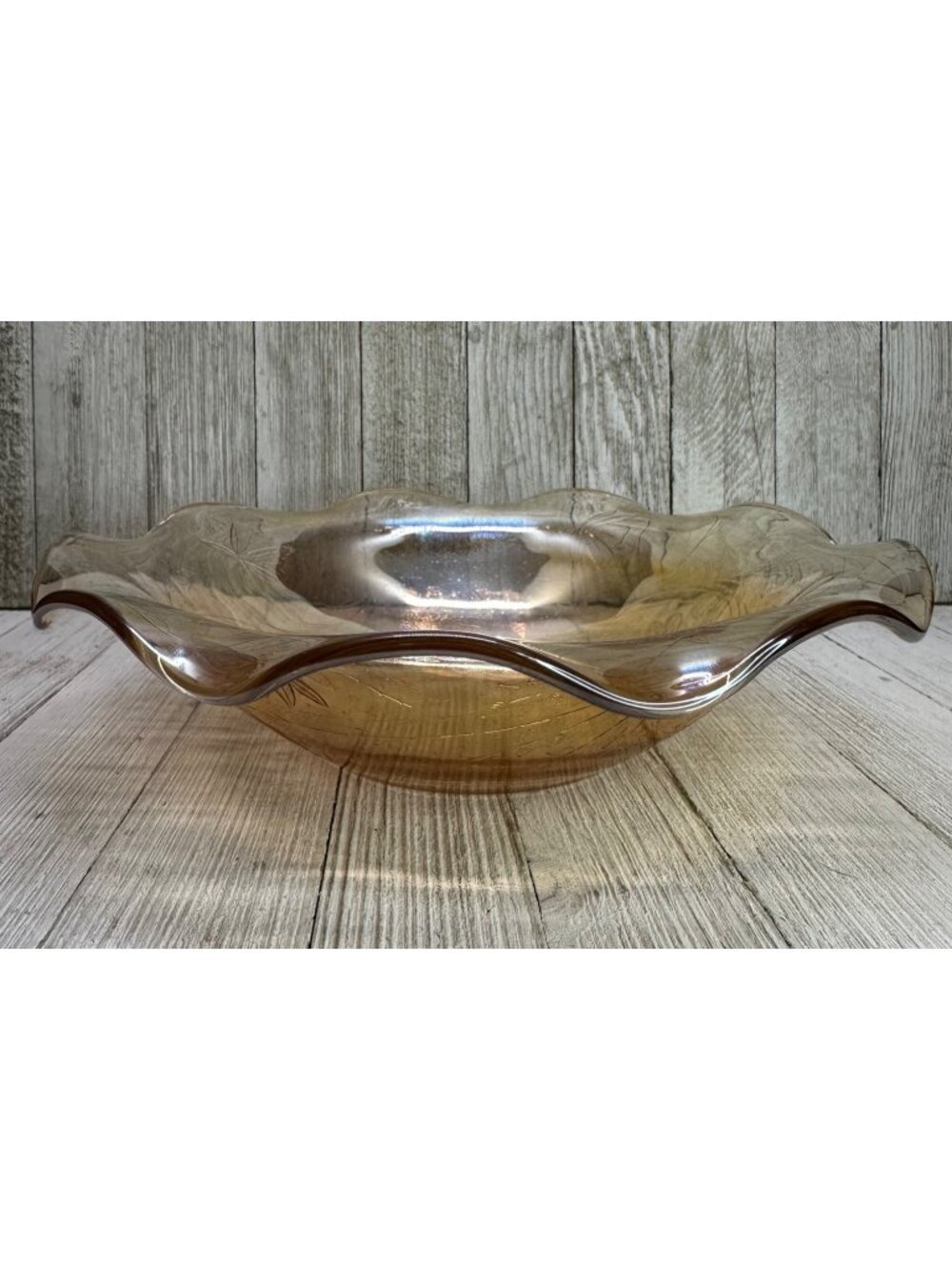 Vintage Jeanette Carniva Glass Bowl Ruffled Iridescent Marigold 1950’s 9.5"